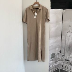 Zara Midi Dress Womens Size S NWT Polo Collar Short Sleeve V-Neck High Slit Tan
